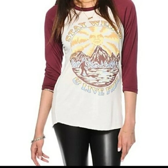 Obey Stay Weird & Live Free Maroon Raglan Top - Picture 1 of 6